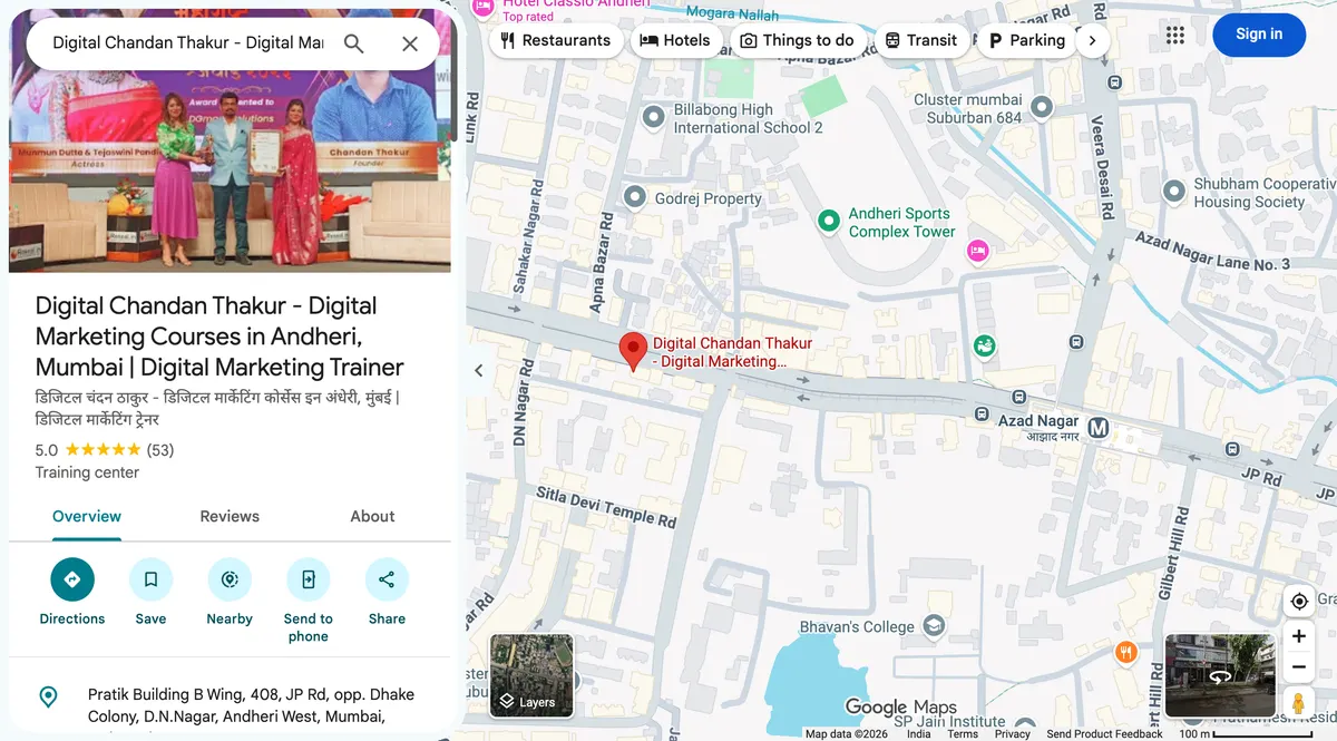 Google Maps listing for Digital Chandan Thakur, Digital Marketing Courses in Andheri, showing 5.0 stars from 53 reviews