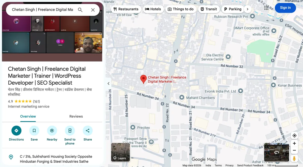 Google Maps listing for Chetan Singh, Freelance Digital Marketer, Trainer, WordPress Developer and SEO Specialist, showing 4.9 stars from 161 reviews