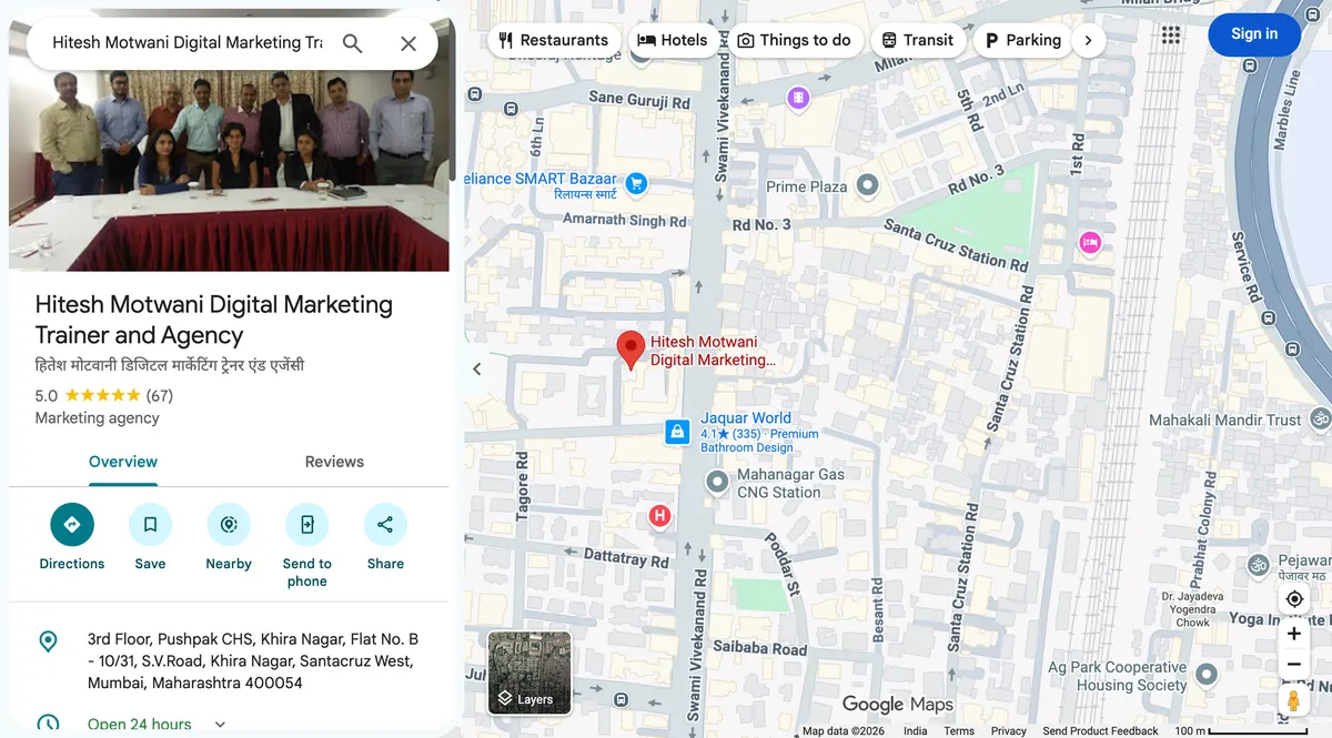 Google Maps listing for Hitesh Motwani Digital Marketing Trainer and Agency, showing 5.0 stars from 67 reviews