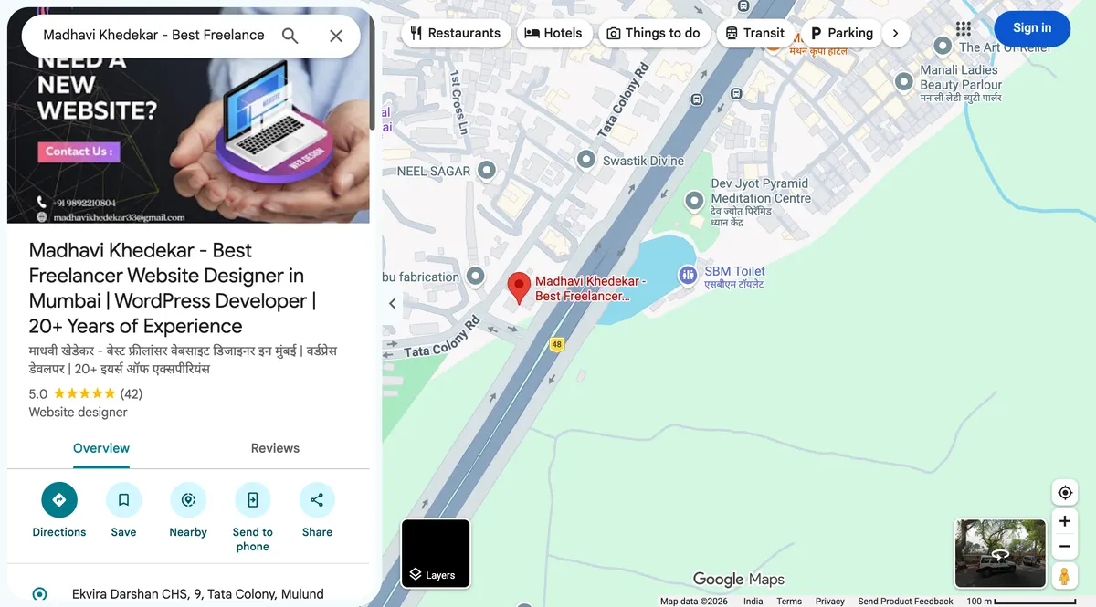 Google Maps listing for Madhavi Khedekar, Best Freelancer Website Designer in Mumbai, WordPress Developer, 20+ Years of Experience, showing 5.0 stars from 42 reviews