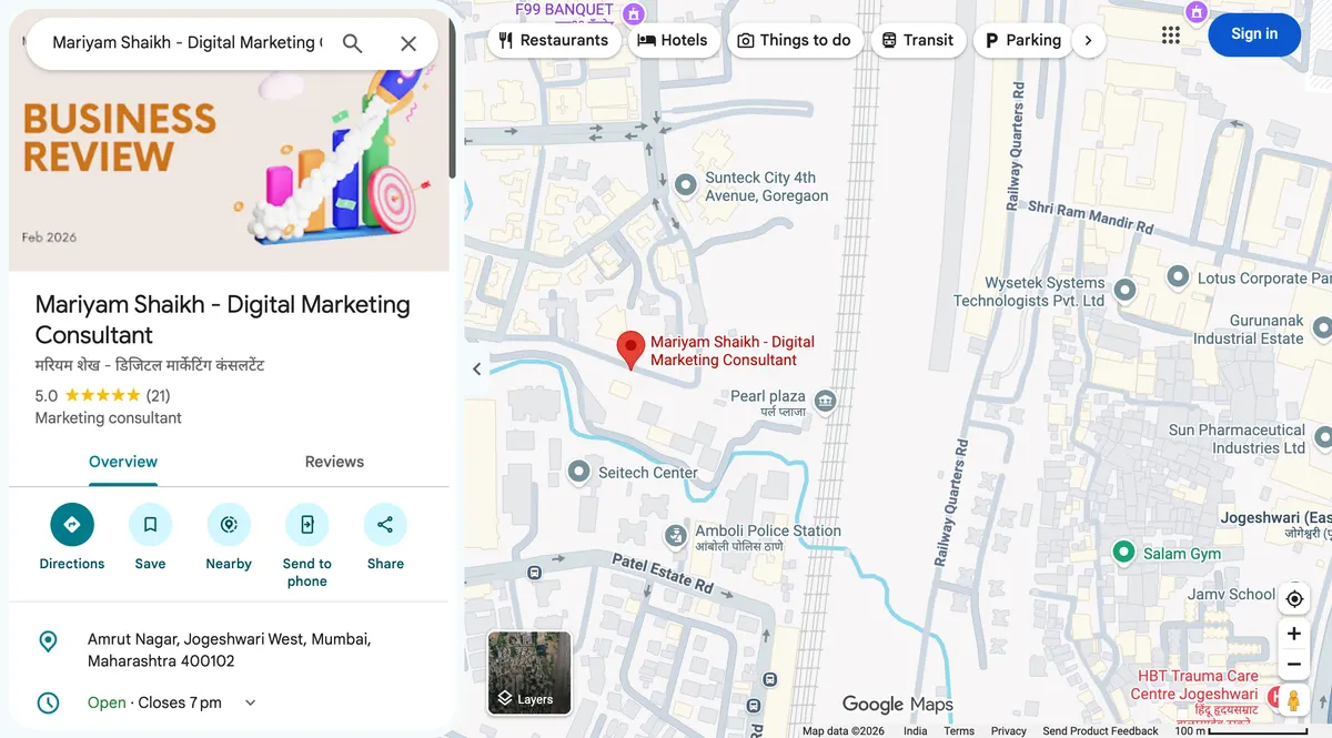 Google Maps listing for Mariyam Shaikh, Digital Marketing Consultant, showing 5.0 stars from 21 reviews
