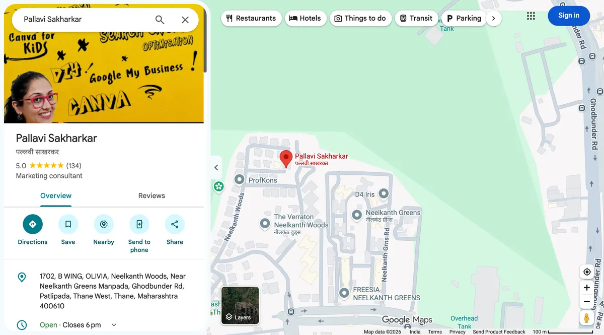 Google Maps listing for Pallavi Sakharkar, showing 5.0 stars from 134 reviews