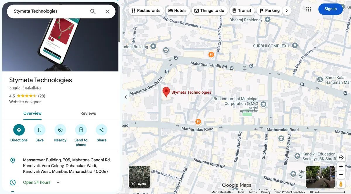 Google Maps listing for Stymeta Technologies, website designer, showing 4.5 stars from 28 reviews