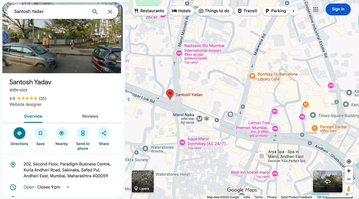 Google Maps listing for Santosh Yadav, website designer, showing 4.8 stars from 35 reviews