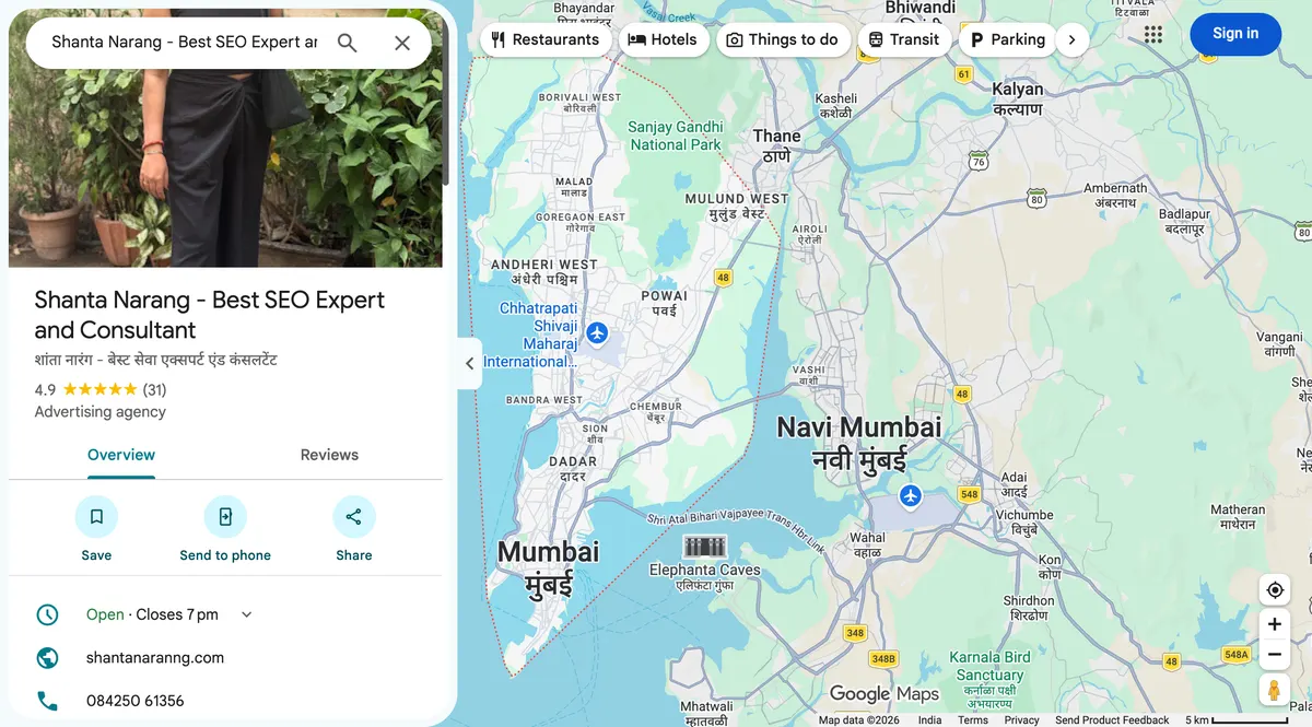Google Maps listing for Shanta Narang, Best SEO Expert and Consultant, showing 4.9 stars from 31 reviews