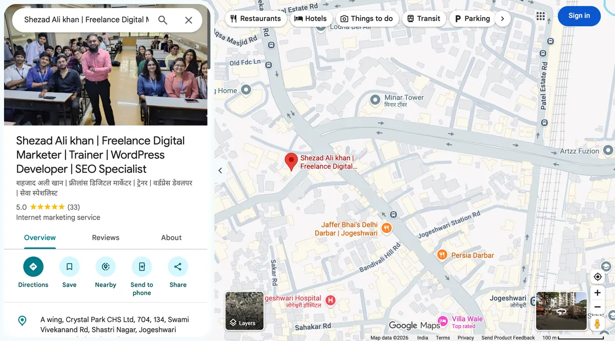 Google Maps listing for Shezad Ali Khan, Freelance Digital Marketer, Trainer, WordPress Developer and SEO Specialist, showing 5.0 stars from 33 reviews