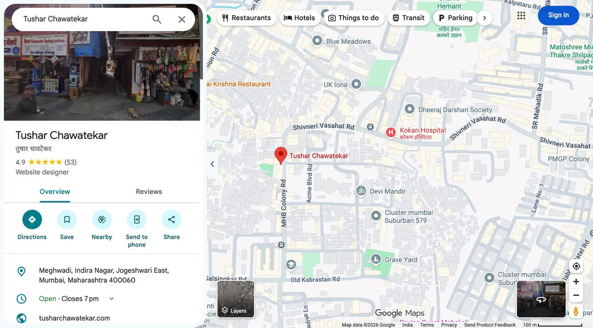 Google Maps listing for Tushar Chawatekar, website designer, showing 4.9 stars from 53 reviews