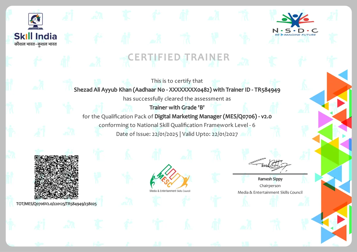 Skill India Certified Trainer certificate — Digital Marketing Manager (MES/Q0706), NSQF Level 6, issued by MESC / NSDC