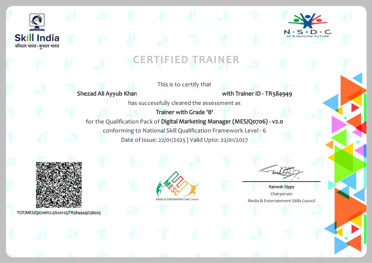 Certified Trainer — Digital Marketing Manager, NSQF Level 6, Media & Entertainment Skills Council (MESC)