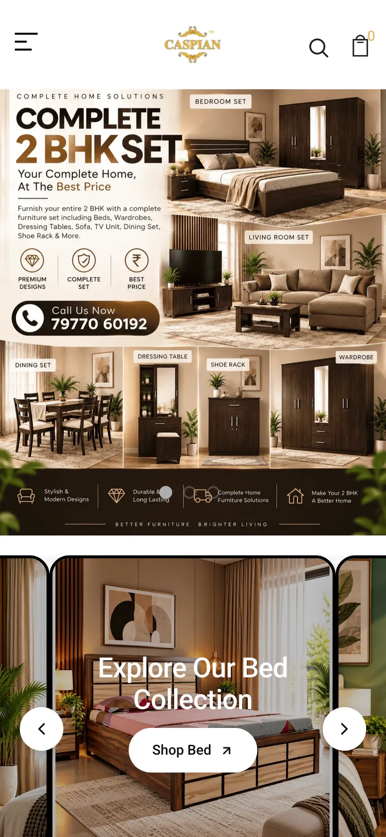 Caspian Furniture website on a phone